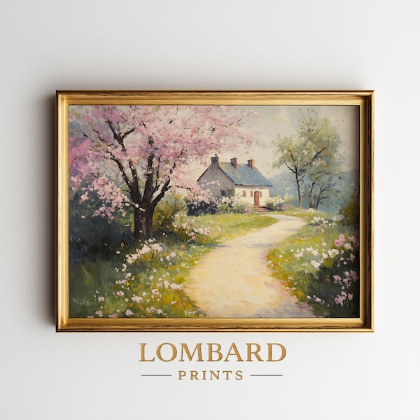 Rustic Country Cottage Painting under Sunlit Tree - Peaceful Cottagecore Landscape Art, Vintage Meadow Path Spring Printable Download 206