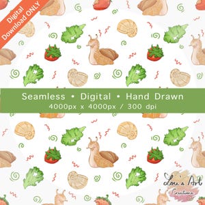 May include: A seamless digital pattern featuring snails, strawberries, lettuce, and seashells on a white background. The design includes the text "Seamless • Digital • Hand Drawn" and "Digital Download ONLY". The pattern is 4000px x 4000px.
