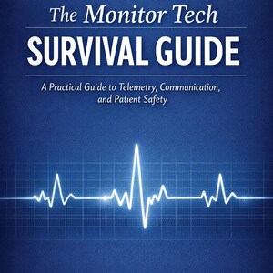 Może przedstawiać: Okładka książki z niebieskim tłem i białym tekstem. Tytuł brzmi "The Monitor Tech SURVIVAL GUIDE". Poniżej znajduje się "A Practical Guide to Telemetry, Communication, and Patient Safety". Widoczny jest biały wykres linii EKG.
