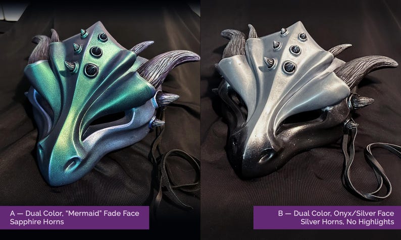 Handgjord drakemask i harts, Halloweenkostym "Masquerade" — Olika leveransklara modeller B—Onyx/Silver