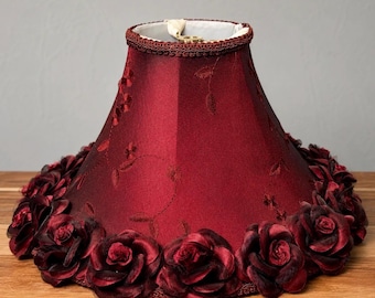 Vintage Burgundy Rose Lampshade Floral Fabric Shade Victorian Romantic Gothic Cottage Decor 1980s 1990s