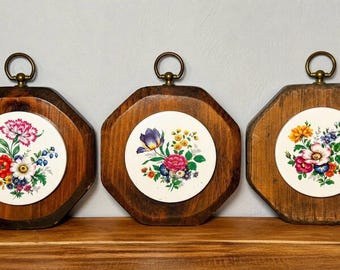Vintage Floral Ceramic Trivets Set | Wooden Hanging Wall Plaques, Cottage Kitchen Decor