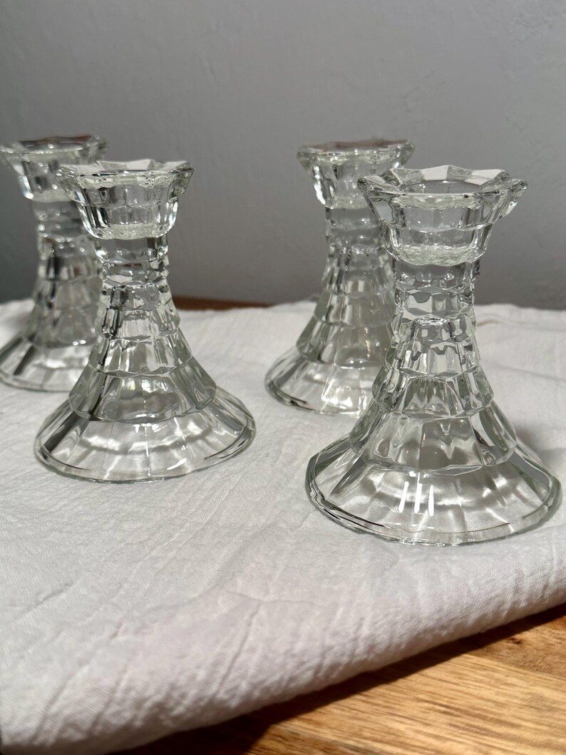 Set of 4 Vintage Clear Pressed Glass Candlestick Holders | Mid Century ...