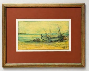Nilo Lenci Vintage Harbor Scene Painting 1983 Italian Seascape Artwork Coastal Nautical Wall Decor