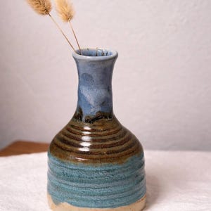 Handmade Studio Pottery Bud Vase – Blue & Brown Drip Glaze Ceramic Vase  – Signed Artisan Piece