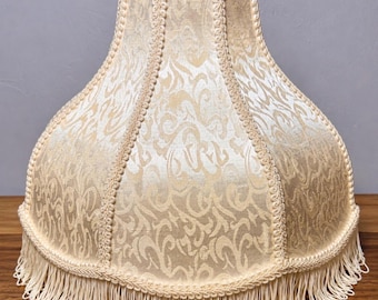 Vintage Cream Damask Bell Lamp Shade with Fringe Trim | Victorian Cottage Chic Lighting