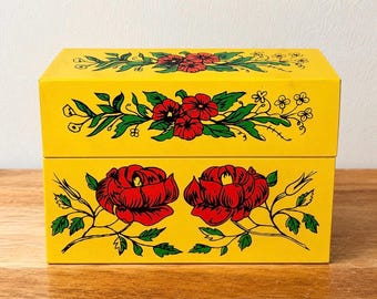 Vintage Yellow Floral Metal Recipe Box with Handwritten Cards | Mid Century Kitchen Storage