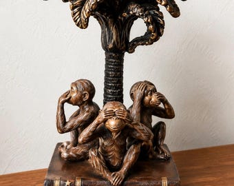 Vintage Three Wise Monkeys Candle Holder, Palm Tree Stacked Book Decor