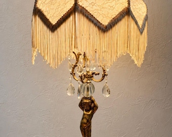 Vintage Cherub Crystal Lamp | Hollywood Regency Brass Putti Fringe Shade