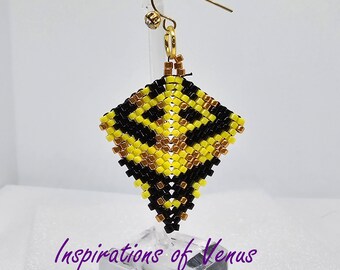 Bumblebee Inspired Geometric Kite, Shield, Earrings, Yellow, Gold, Black Spring, Summer Jewelry