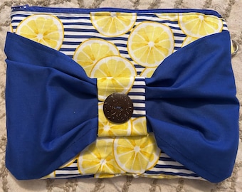 Lemon Bow Clutch Bag, Navy Blue Citrus Zipper Pouch, Summer Cosmetic Bag, Cute Travel Makeup Bag, Tropical Vacation Accessories