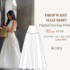 Puede incluir: Una mujer con una falda larga de cintura caída blanca y un top a juego. La imagen incluye un patrón de costura digital para la falda, con el texto "DROP WAIST MAXI SKIRT Digital Sewing Pattern" y la talla XS-XXL.