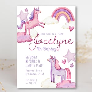 May include: A watercolor invitation for a 4th birthday celebration. The design features a pink unicorn, a purple unicorn, a rainbow, clouds, stars, and hearts. The invitation includes the name "Jocelyne", the date, time, and location.