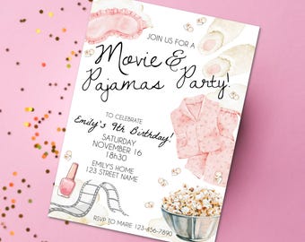 Pyjama's, pyjamaavond, filmavond, bioscoopuitnodiging, sjabloon, verjaardagsfeest, meidenfeest