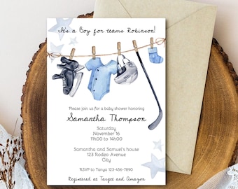 Invitación para baby shower, equipo de hockey, equipo de chicos, es un chico, plantilla de tarjeta de invitación para fiesta