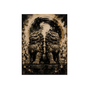 Guardian Foo Dogs Poster | Oriental Temple Lion Art Print