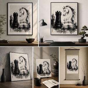 May include: A black and white ink wash painting featuring a chess knight and a rook. The artwork displays a high-contrast style with splattered ink effects, depicting the knight facing the rook. A small red seal is visible in the lower corner.