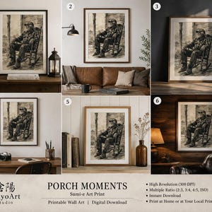 以下が含まれることがあります： 「Porch Moments」と題されたデジタルアートプリントで、ポーチのロッキングチェアに座る人物のモノクロイラストが描かれています。コレクションには、テキストの詳細を含む6つの額装されたバリエーションが含まれています。