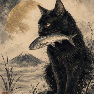 May include: A sepia-toned illustration depicting a black cat holding a fish, with a mountain, moon, and water in the background. The artwork has a traditional Japanese style, with a focus on detail and texture.