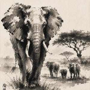 以下が含まれることがあります： 大きな牙を持つ象が手前に描かれ、遠くに3頭の小さな象が続く、黒と白の墨絵風の作品。背景にはサバンナの風景と木が描かれており、左下には中国語の文字と赤い印が配置されている。