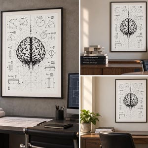 May include: A framed wall art print featuring a detailed black and white illustration of a human brain centered among various geometric diagrams, mathematical formulas, and engineering schematics on a white background with thin black lines.