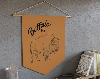 Bandeira de parede vintage com ilustração de bisão de Buffalo, NY | Bandeira de parede como lembrança da cidade