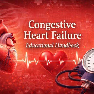 May include: An illustration with a red background features a human heart, a blood pressure gauge, and a heartbeat line. The text reads "Congestive Heart Failure Educational Handbook."