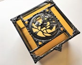 Floral Jewelry Box Romantic Stained Glass Jewelry Box Floral Pattern Vintage Pewter Antique Style Yellow Gold Handcrafted Made in USA