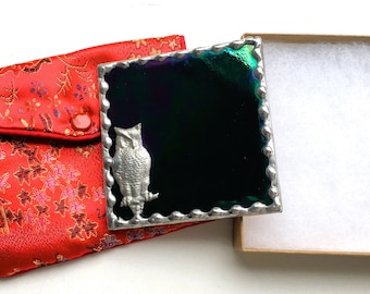 Stained Glass Owl Purse or Pocket Mirror With Brocade Pouch; Black Iridescent Glass; Handcrafted in USA