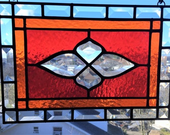 Stained Glass Art Panel|Cheerful and Sparkling Stained Glass|Red and Orange|Glass Art|Handcrafted|Made in USA