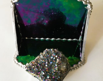 Stained Glass Business Card Holder; Titanium Plated Quartz Crystal Cluster; Black Iridescent Glass; Business Accesory; Handcrafted in USA