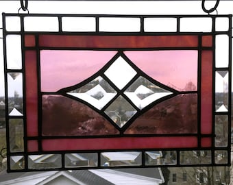 Stained Glass Art Panel|Cheerful and Sparkling Stained Glass|Pink/Mauve||Glass Art|Handcrafted|Made in USA