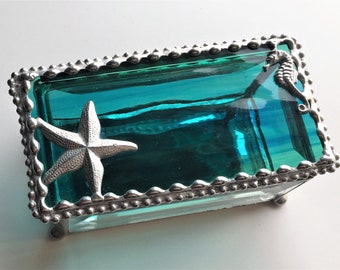 Stained Glass Jewelry Box|Stained Glass|Starfish|Seahorse|Beach|Ocean|Turquoise|Jewelry Storage|Handcrafted|Made in USA