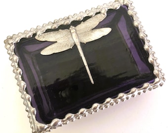 Stained Glass Dragonfly Jewelry or Trinket Box; Purple Stained Glass; Handcrafted in USA