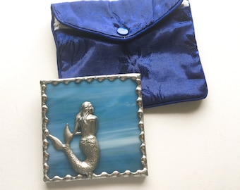 Stained Glass Mermaid Purse or Pocket Mirror, Mermaid Mirror, Blue Streaky Glass,  Beauty Tool, Handcrafted, Made in USA