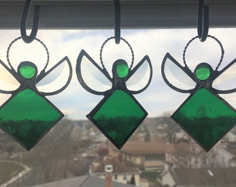 Stained Glass Angel Suncatcher, May Birthstone Angel Suncatcher, Emerald Green Angel, Handcrafted, Made in USA