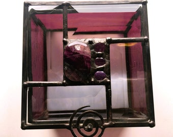 Glass Art|Stained Glass Jewelry Box|Jewelry Box With Fluorite|Plum Purple Glass|Jewelry|Jewelry Storage|OOAK|Handcrafted|Made in USA