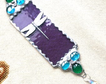 Stained Glass Dragonfly Suncatcher; Textured Purple Glass With Aurora Borealis Crystal; Handcrafted in USA