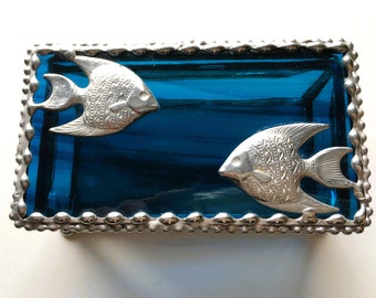 Stained Glass Box  With Decorative Fish|Two Fish|Pisces Box|Pisces Birthday Gift|Blue and Green|Handcrafted|Made in USA