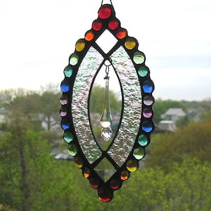 Stained Glass Rainbow Suncatcher|Rainbow Stained Glass and Gems|Sparkly Crystal Dangle|Handcrafted|Made in USA