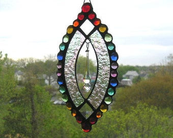 Stained Glass Rainbow Suncatcher|Rainbow Stained Glass and Gems|Sparkly Crystal Dangle|Handcrafted|Made in USA