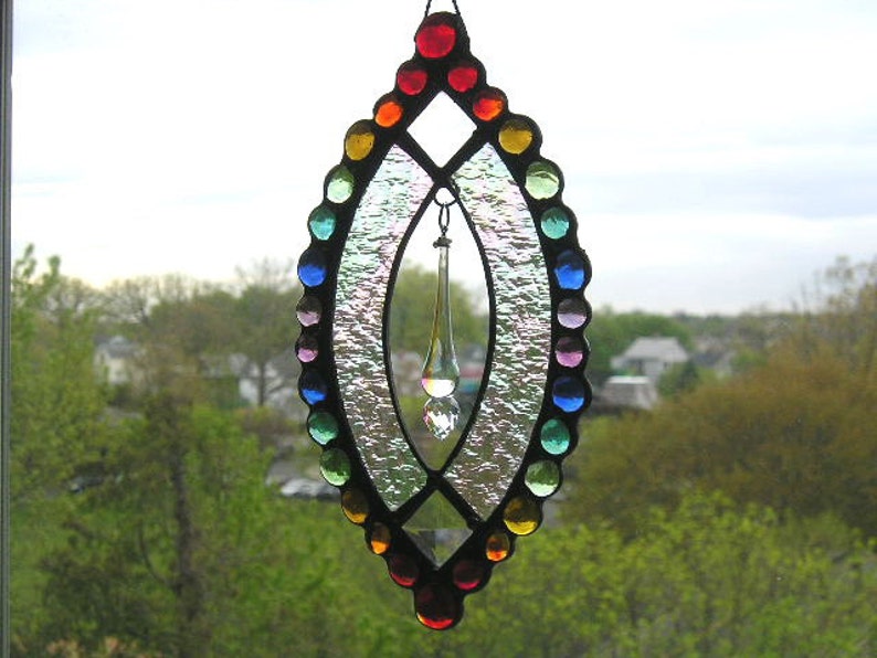 Stained Glass Rainbow Suncatcher|Rainbow Stained Glass and Gems|Aurora Borealis Crystal|Original Design|Handcrafted|Made in USA 