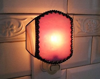 Stained Glass Nightlight|Pink with Antique Beaded Finish|Elegant|Home & Living|Lighting|Night Lights|Handcrafted|Made in USA