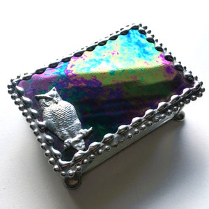 Stained Glass Jewelry Box, Owl Jewelry Box, Black Iridescent, Glass Art Box, Jewelry Storage, Handcrafted, Made in USA