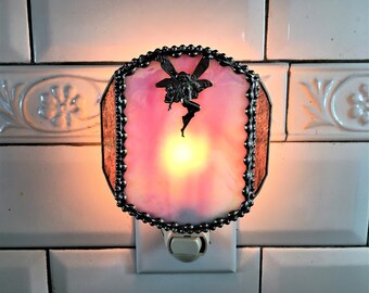 Stained Glass Nightlight|Fairy|Pink|Fairy Nightlight|Home & Living|Lighting|Night Lights|Glass Art|Handcrafted|Made in USA