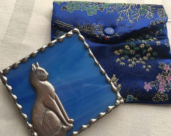 Stained Glass Purse Mirror|Pocket Mirror|Cat|Blue|Mirror with Pouch|Bath & Beauty|Makeup Tool|Handcrafted|Made in USA