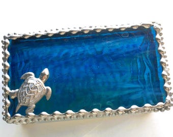 Sea Turtle Jewelry Box; Streaky Blue Textured Stained Glass; Handcrafted in USA