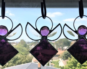 Stained Glass Angel Suncatcher; February Birthstone Cherub; Amethyst/Purple Glass; Handcrafted in USA