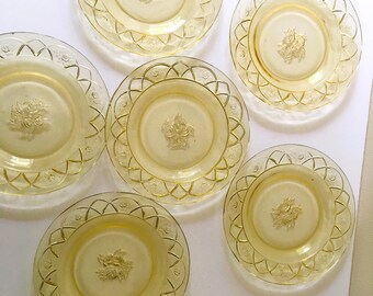 Yellow Depression Glass Plates, Rosemary Dutch Rose Pattern, Set of 6 Collectible Plates, 1930's, Made in USA