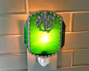 Stained Glass Nightlight; Green Glass With 4 Leaf Clover; Good Luck Symbol; Handcrafted in USA